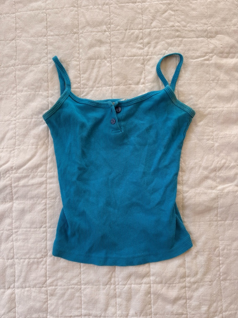 Blue Ribbed Tank Top with Button Detail - Women